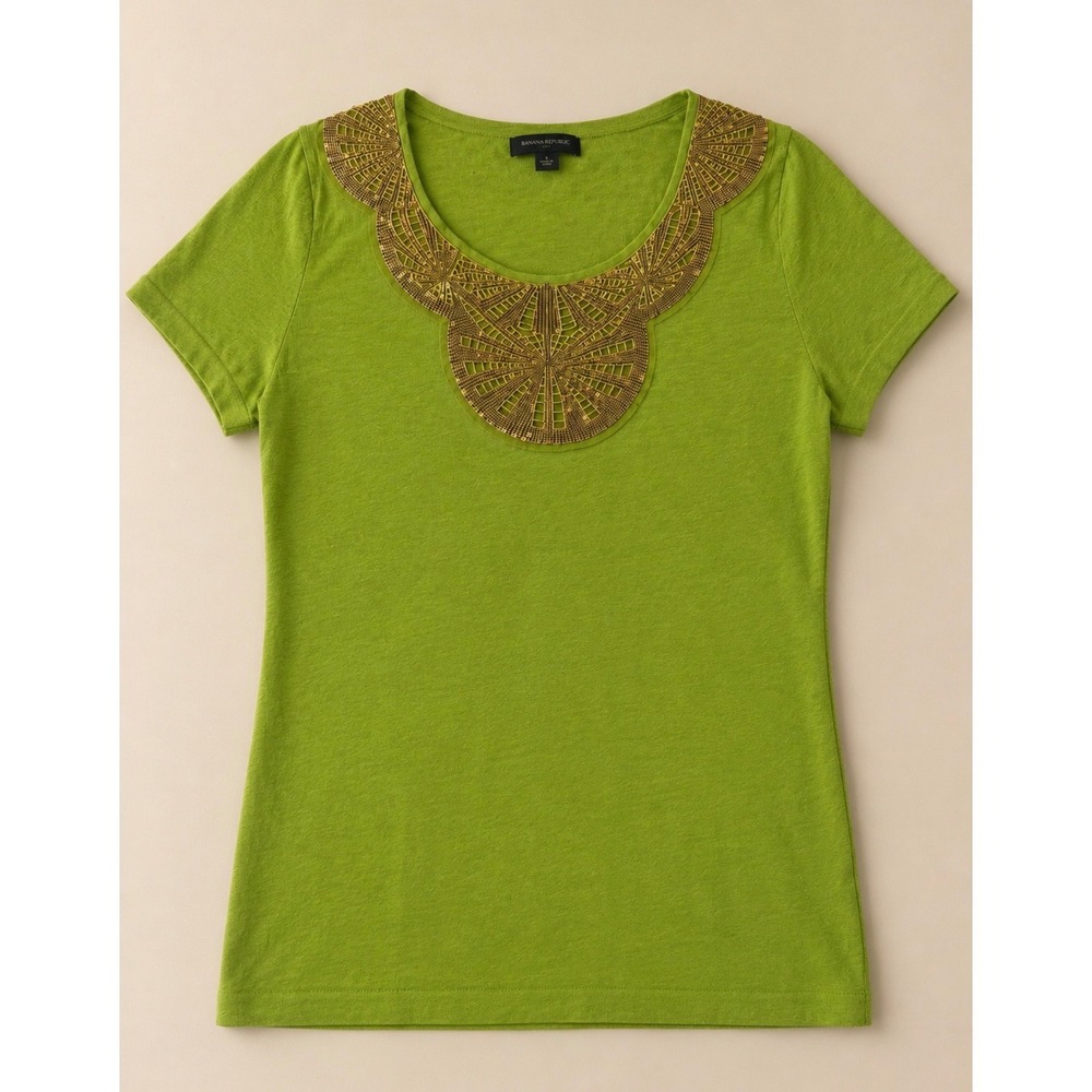 Banana Republic Green Gold Beaded Embellished Neckline Knit Top Size S